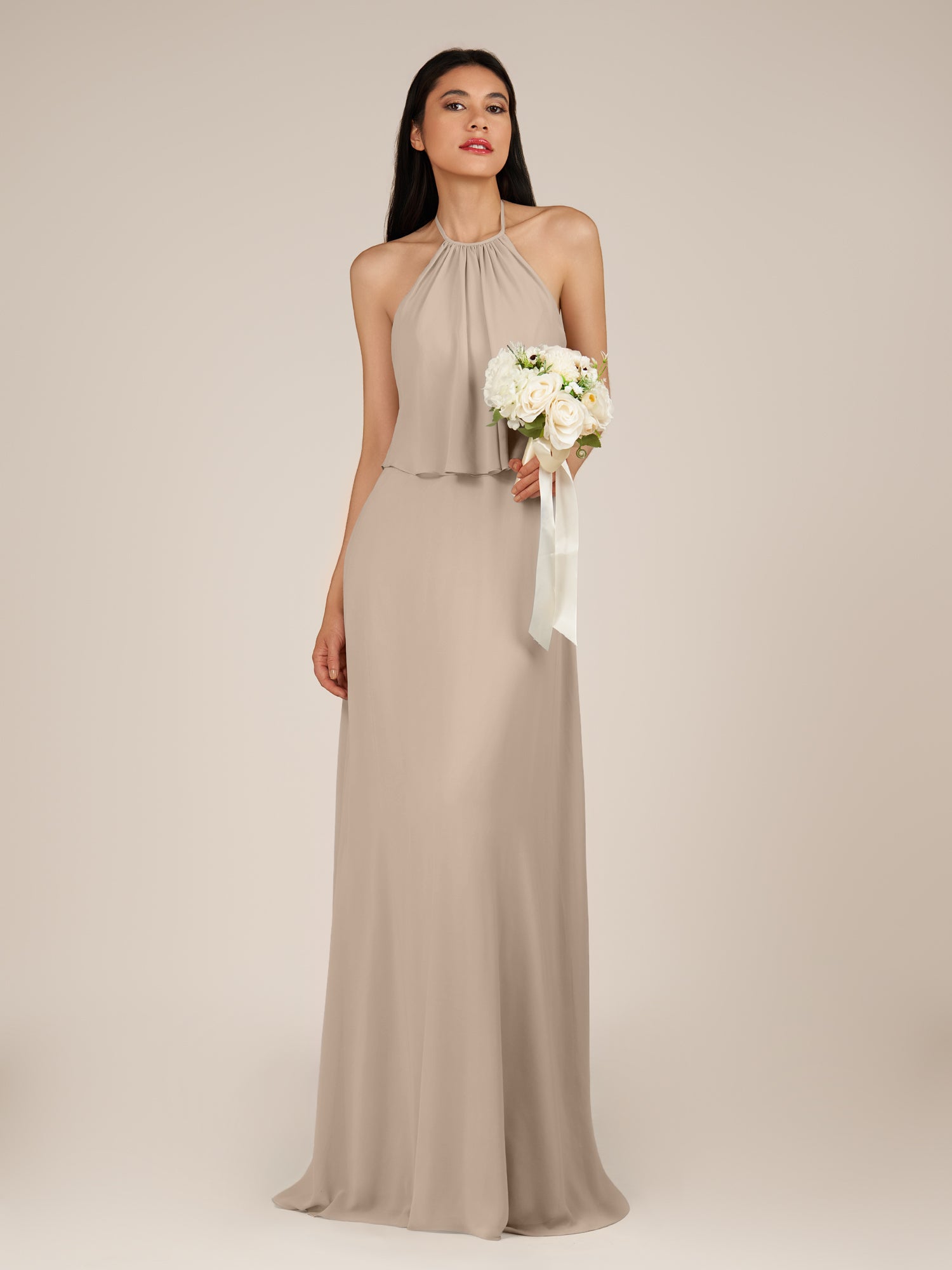KissDress-Rhoswen Almond Sheath Chiffon Halter Neck Long Bridesmaid Dress