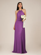 KissDress-Rhoswen Amethyst Sheath Chiffon Halter Neck Long Bridesmaid Dress