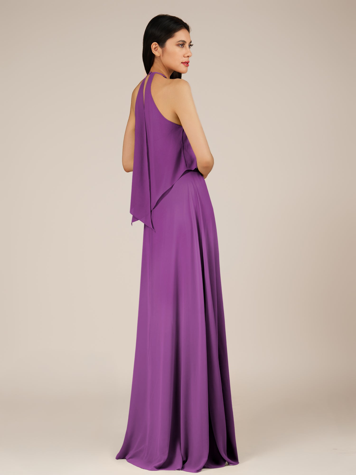 KissDress-Rhoswen Amethyst Sheath Chiffon Halter Neck Long Bridesmaid Dress