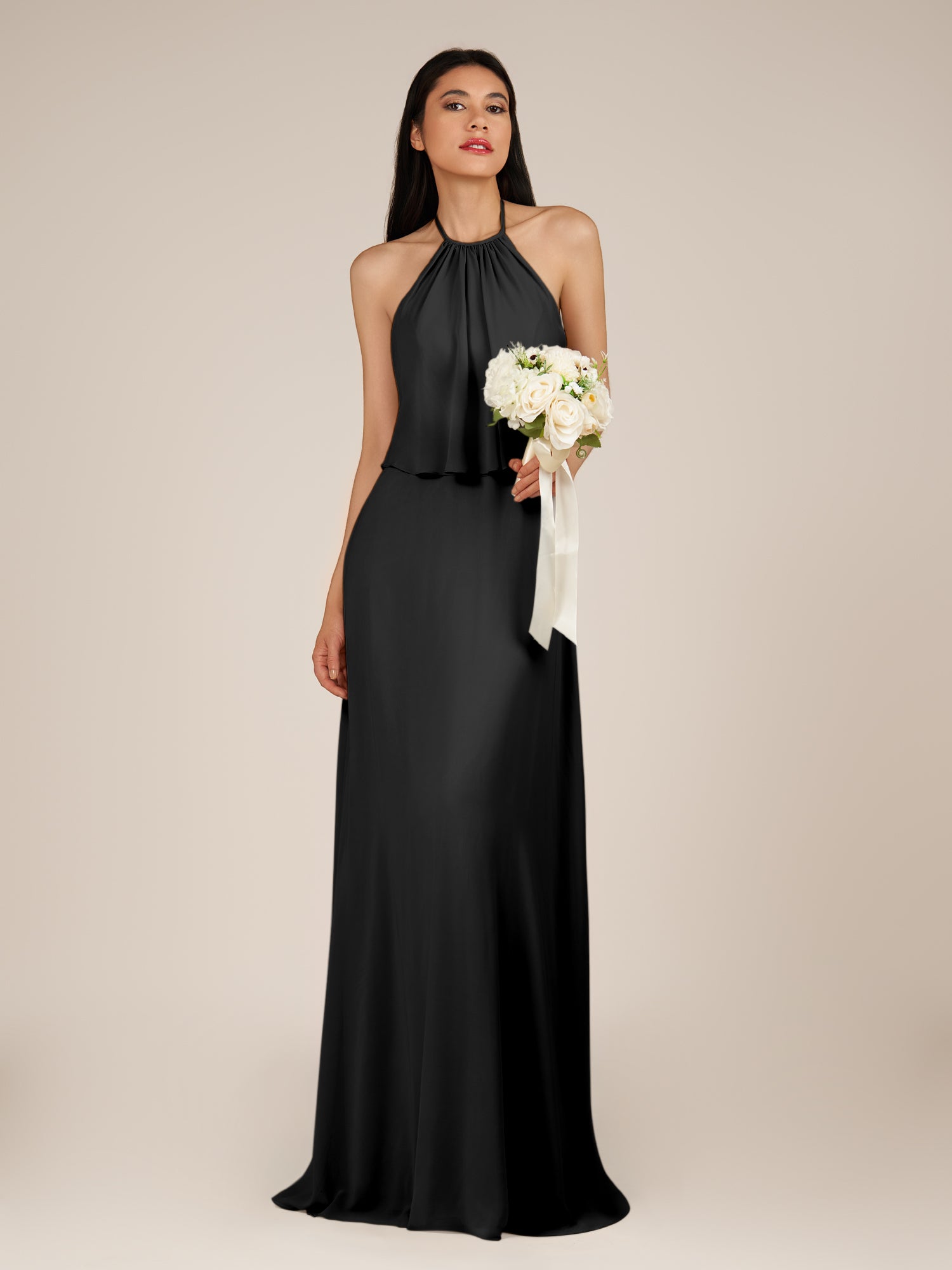 KissDress-Rhoswen Black Sheath Chiffon Halter Neck Long Bridesmaid Dress