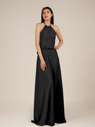 KissDress-Rhoswen Black Sheath Chiffon Halter Neck Long Bridesmaid Dress