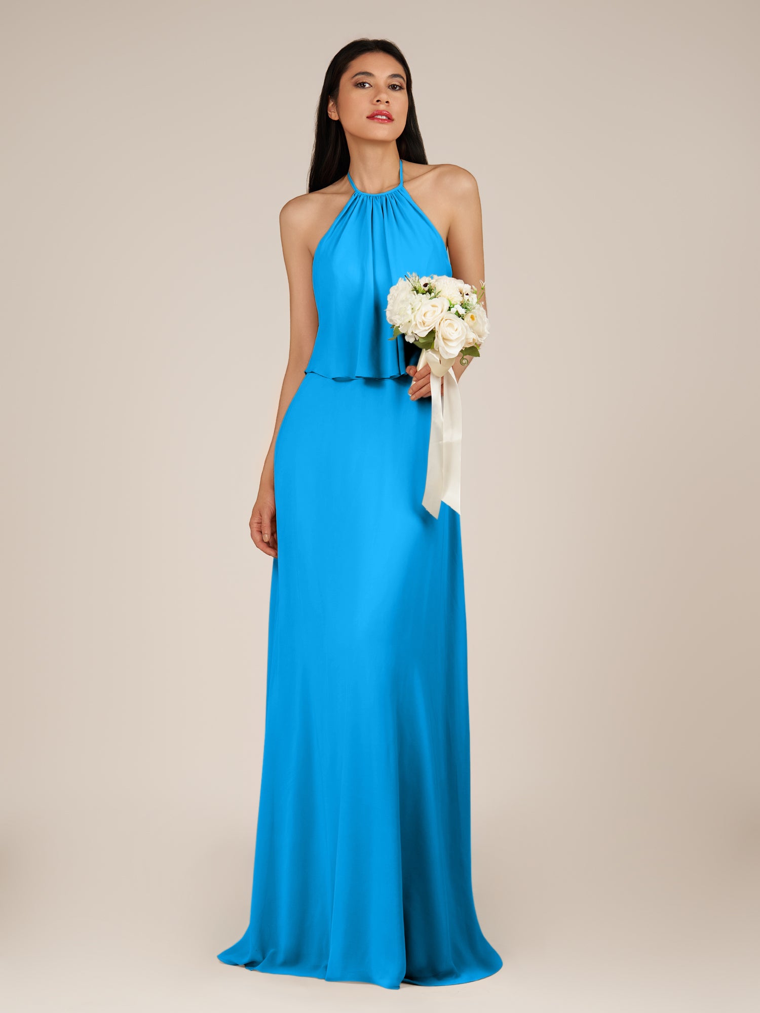 KissDress-Rhoswen Blue Jay Sheath Chiffon Halter Neck Long Bridesmaid Dress
