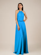 KissDress-Rhoswen Blue Jay Sheath Chiffon Halter Neck Long Bridesmaid Dress