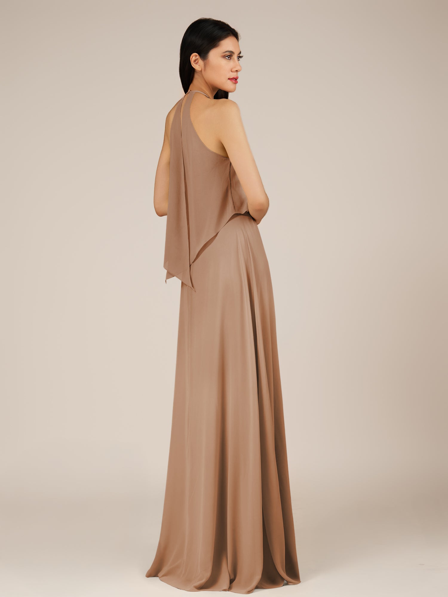 KissDress-Rhoswen Bronzer Sheath Chiffon Halter Neck Long Bridesmaid Dress