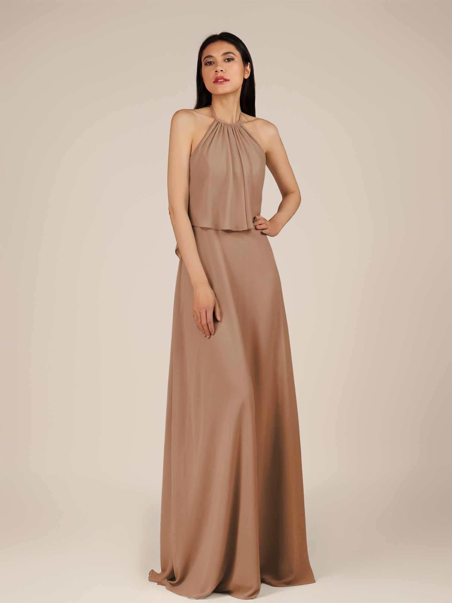 KissDress-Rhoswen Bronzer Sheath Chiffon Halter Neck Long Bridesmaid Dress