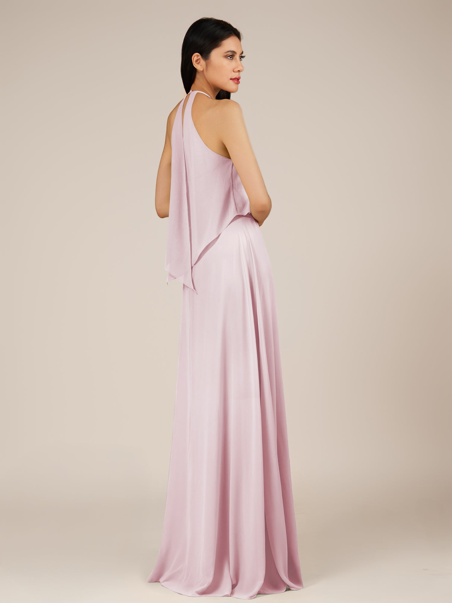 KissDress-Rhoswen Candy Pink Sheath Chiffon Halter Neck Long Bridesmaid Dress
