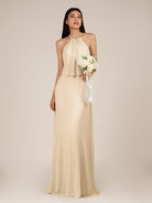 KissDress-Rhoswen Champagne Sheath Chiffon Halter Neck Long Bridesmaid Dress
