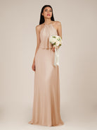 KissDress-Rhoswen Champagne Rose Sheath Chiffon Halter Neck Long Bridesmaid Dress