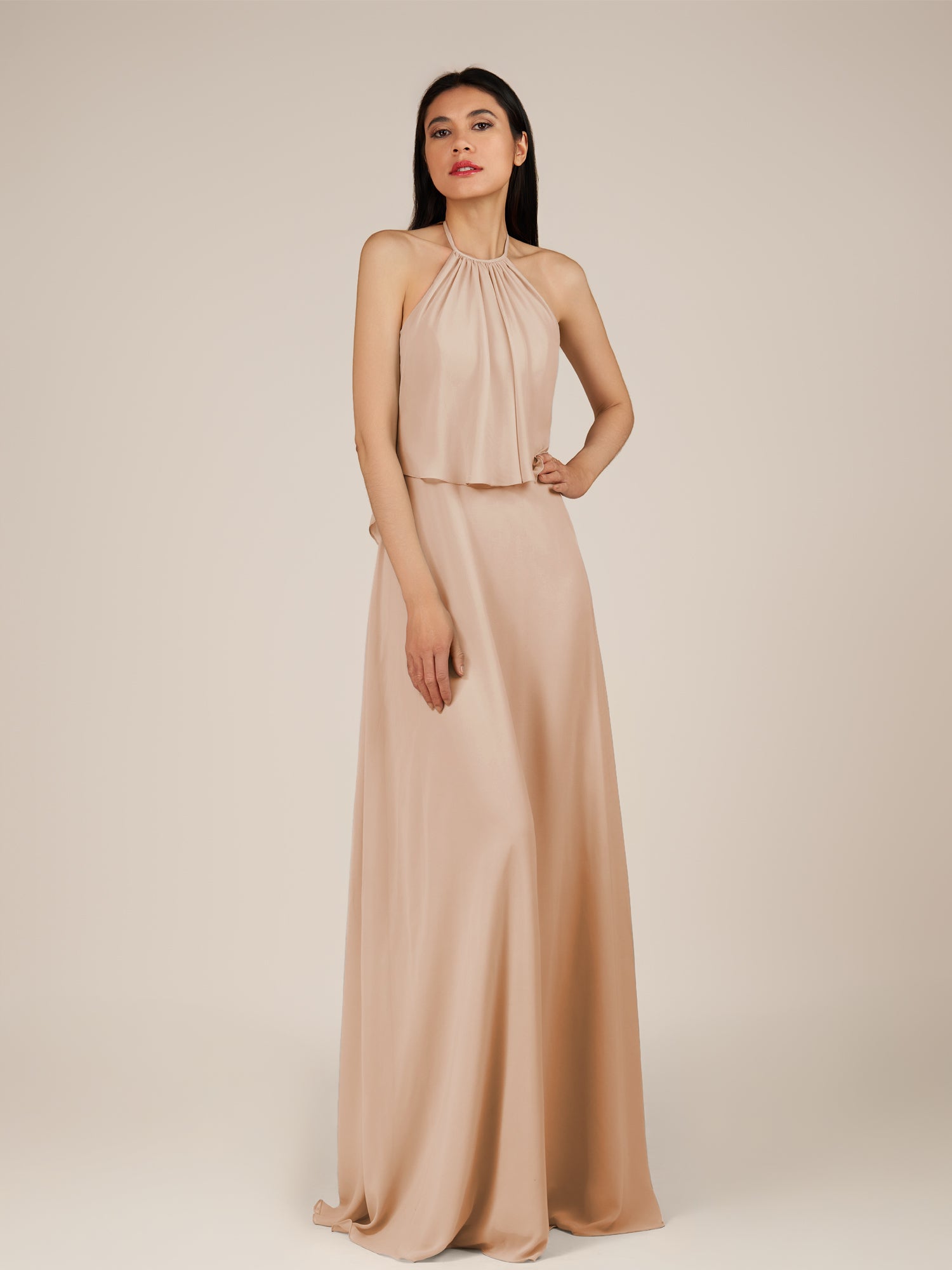 KissDress-Rhoswen Champagne Rose Sheath Chiffon Halter Neck Long Bridesmaid Dress