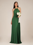 KissDress-Rhoswen Dark Green Sheath Chiffon Halter Neck Long Bridesmaid Dress