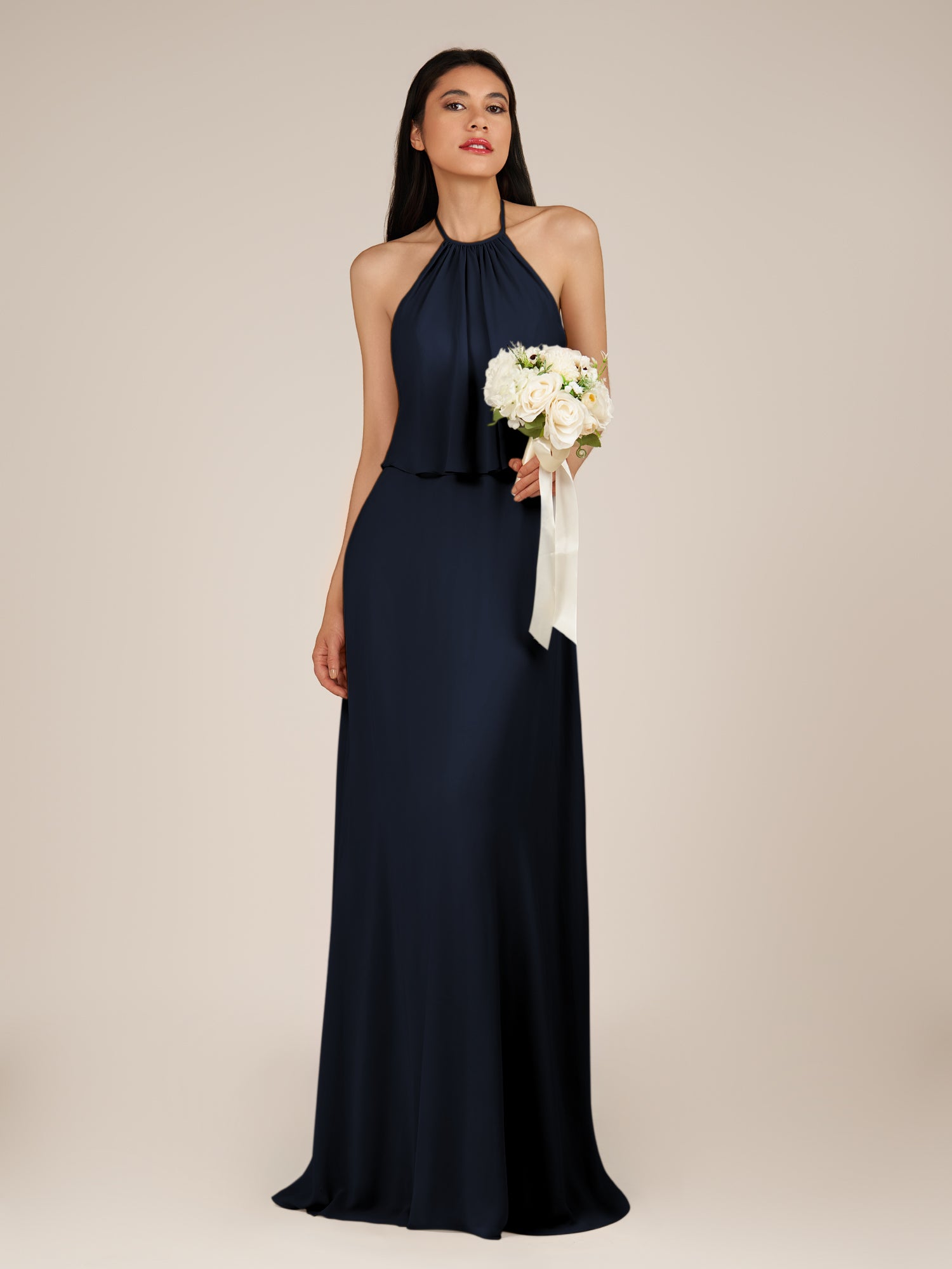 KissDress-Rhoswen Dark Navy Sheath Chiffon Halter Neck Long Bridesmaid Dress