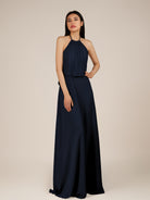 KissDress-Rhoswen Dark Navy Sheath Chiffon Halter Neck Long Bridesmaid Dress