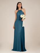 KissDress-Rhoswen Dark Teal Sheath Chiffon Halter Neck Long Bridesmaid Dress