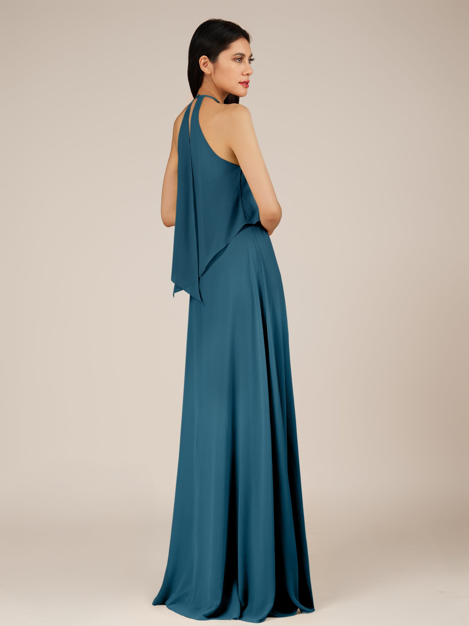 KissDress-Rhoswen Dark Teal Sheath Chiffon Halter Neck Long Bridesmaid Dress