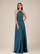 KissDress-Rhoswen Dark Teal Sheath Chiffon Halter Neck Long Bridesmaid Dress