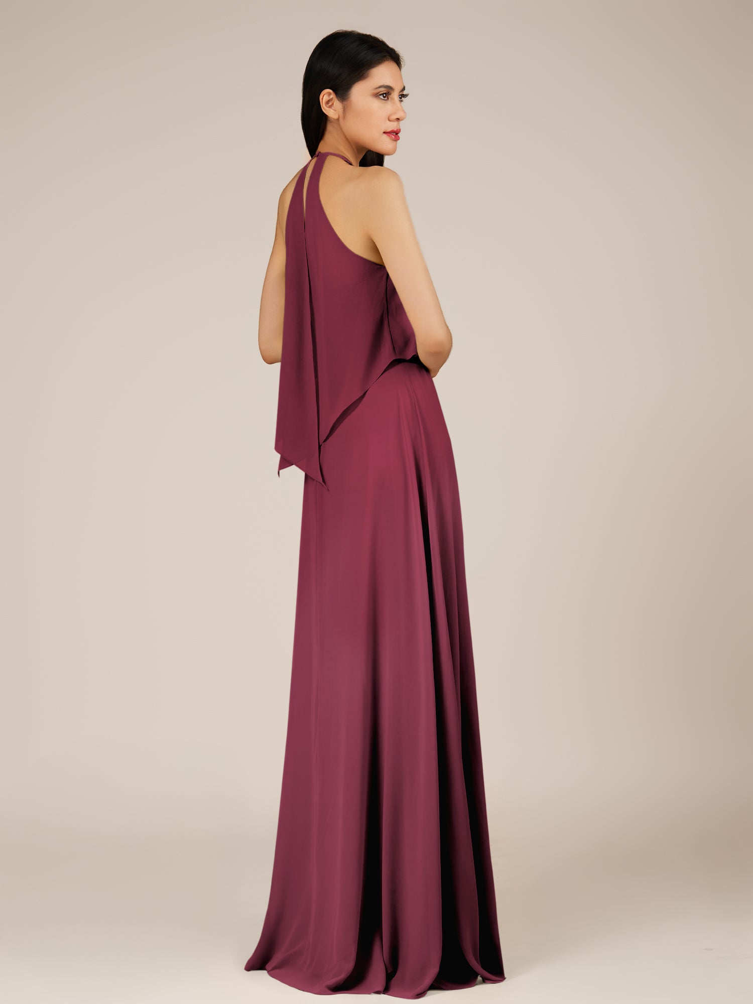 KissDress-Rhoswen Desert Rose Sheath Chiffon Halter Neck Long Bridesmaid Dress