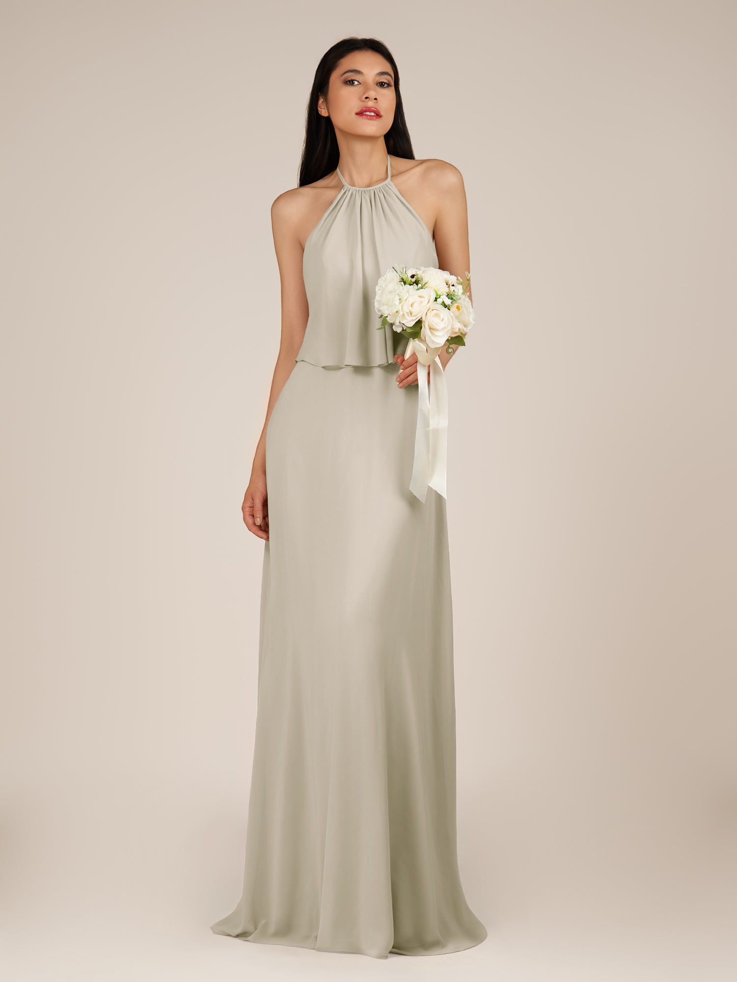 KissDress-Rhoswen Dove Gray Sheath Chiffon Halter Neck Long Bridesmaid Dress