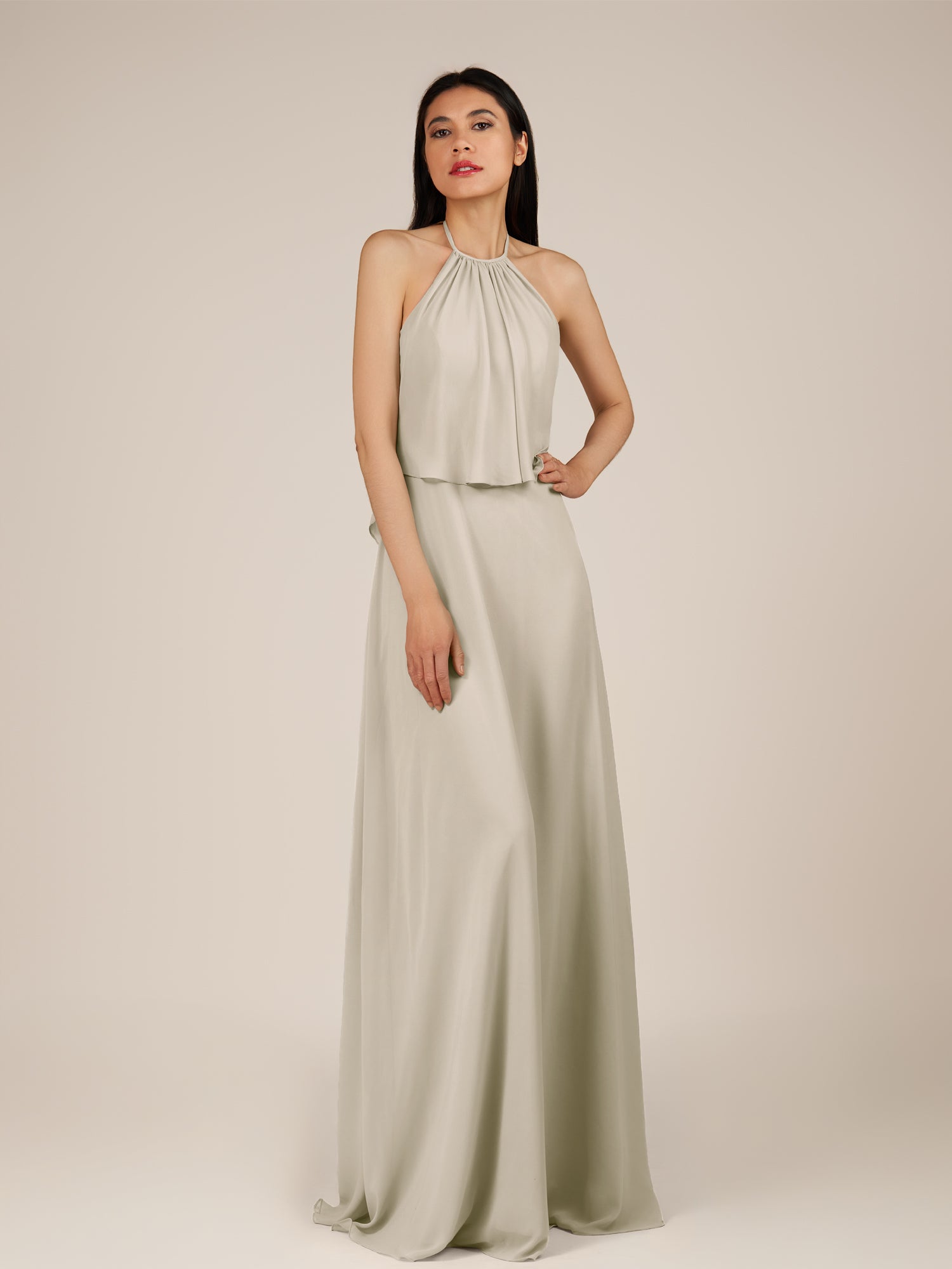 KissDress-Rhoswen Dove Gray Sheath Chiffon Halter Neck Long Bridesmaid Dress