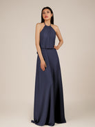 KissDress-Rhoswen Dusk Blue Sheath Chiffon Halter Neck Long Bridesmaid Dress