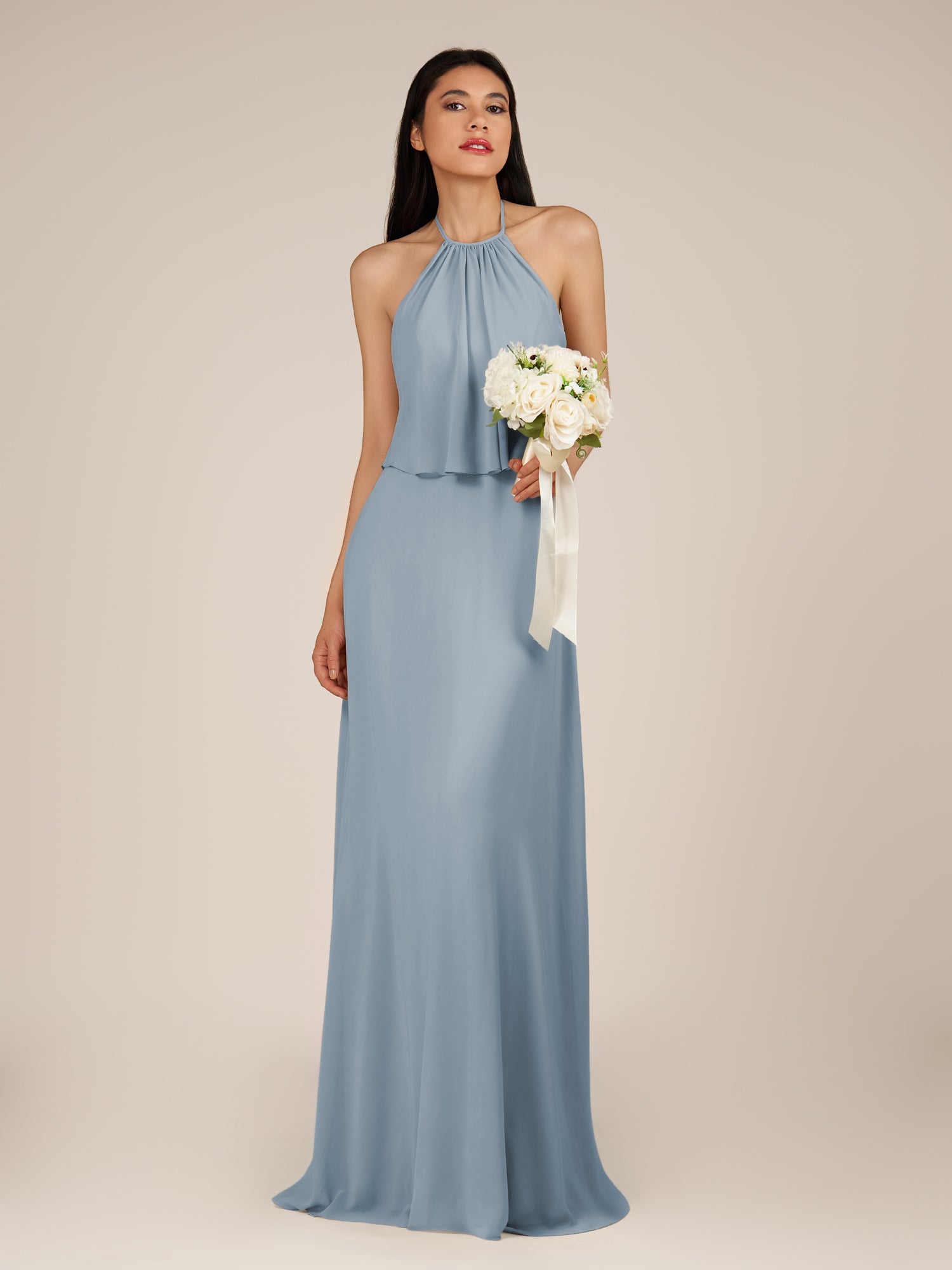 KissDress-Rhoswen Dusty Blue Sheath Chiffon Halter Neck Long Bridesmaid Dress
