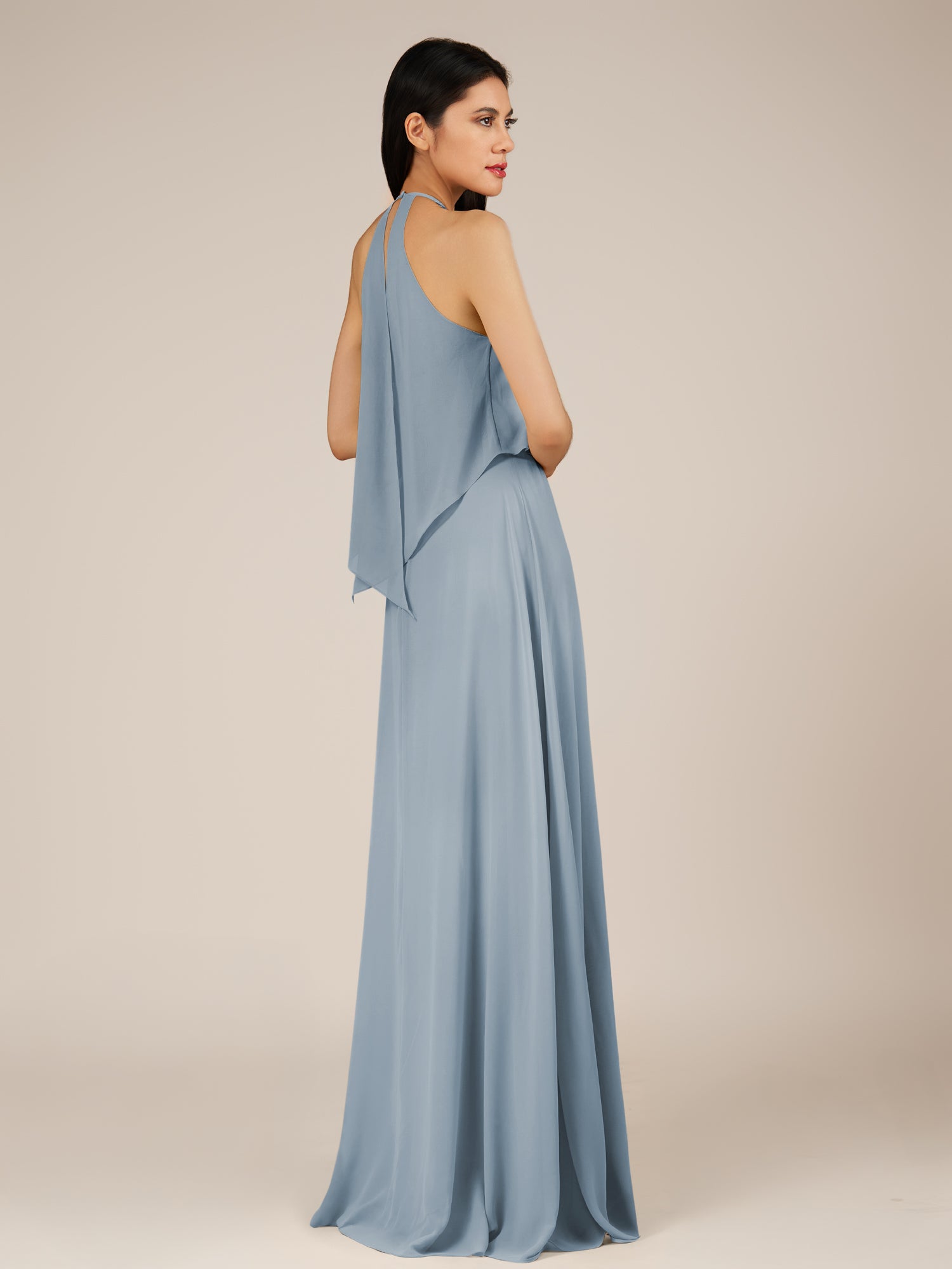 KissDress-Rhoswen Dusty Blue Sheath Chiffon Halter Neck Long Bridesmaid Dress