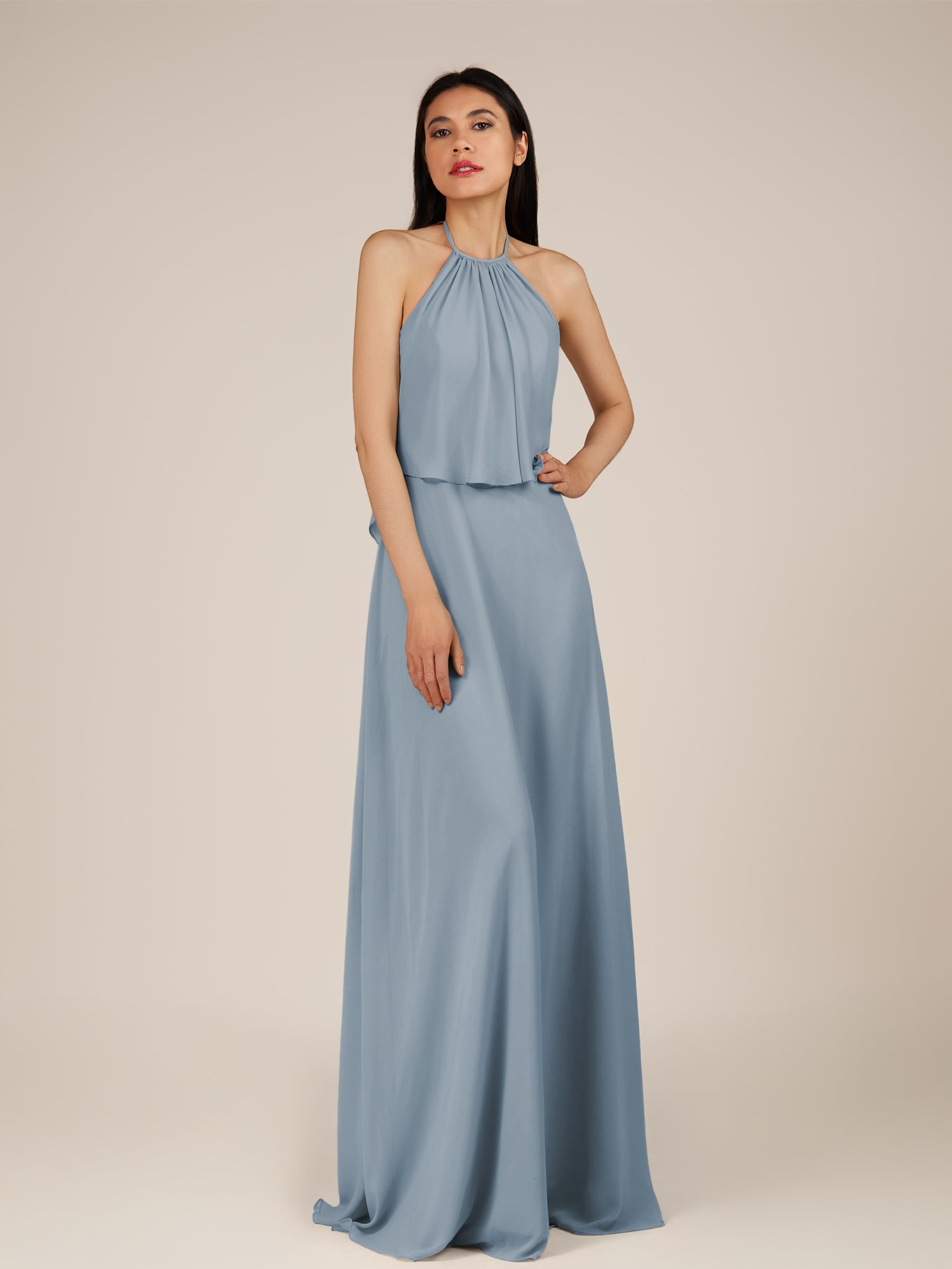 KissDress-Rhoswen Dusty Blue Sheath Chiffon Halter Neck Long Bridesmaid Dress