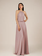 KissDress-Rhoswen Dusty Rose Sheath Chiffon Halter Neck Long Bridesmaid Dress