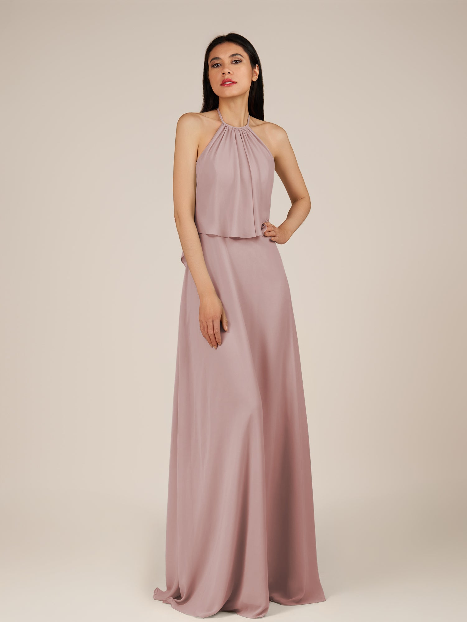 KissDress-Rhoswen Dusty Rose Sheath Chiffon Halter Neck Long Bridesmaid Dress