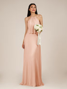 KissDress-Rhoswen English Rose Sheath Chiffon Halter Neck Long Bridesmaid Dress