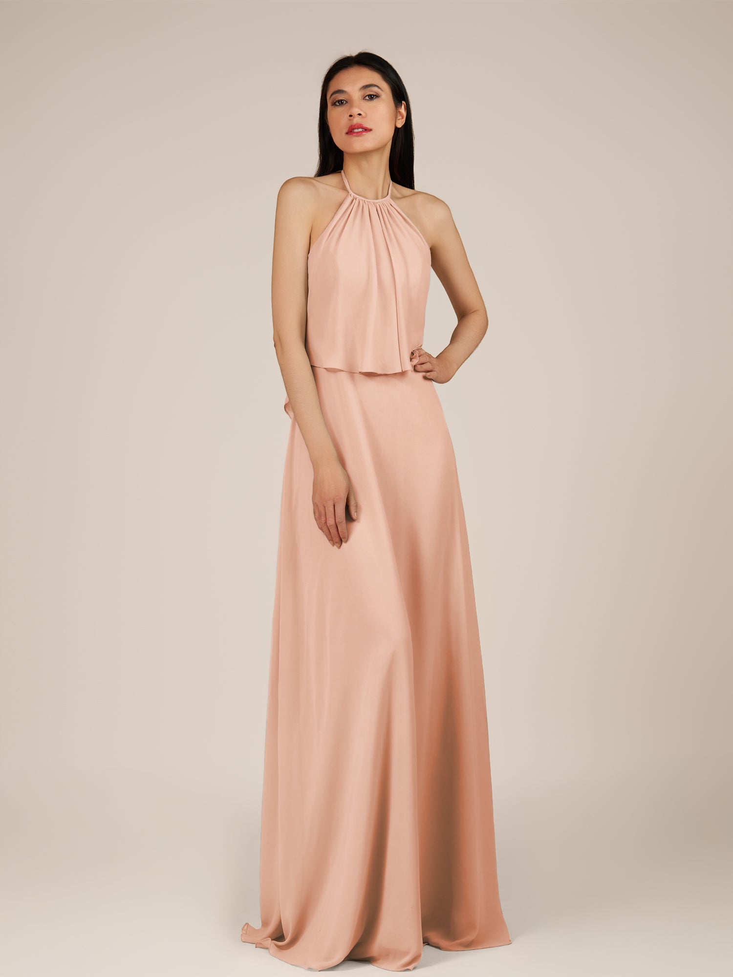 KissDress-Rhoswen English Rose Sheath Chiffon Halter Neck Long Bridesmaid Dress