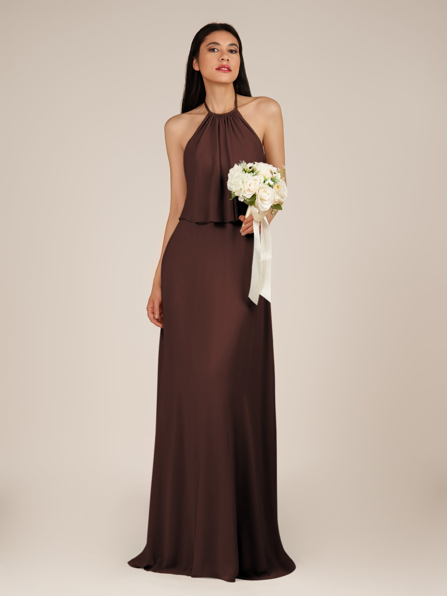 KissDress-Rhoswen Espresso Sheath Chiffon Halter Neck Long Bridesmaid Dress