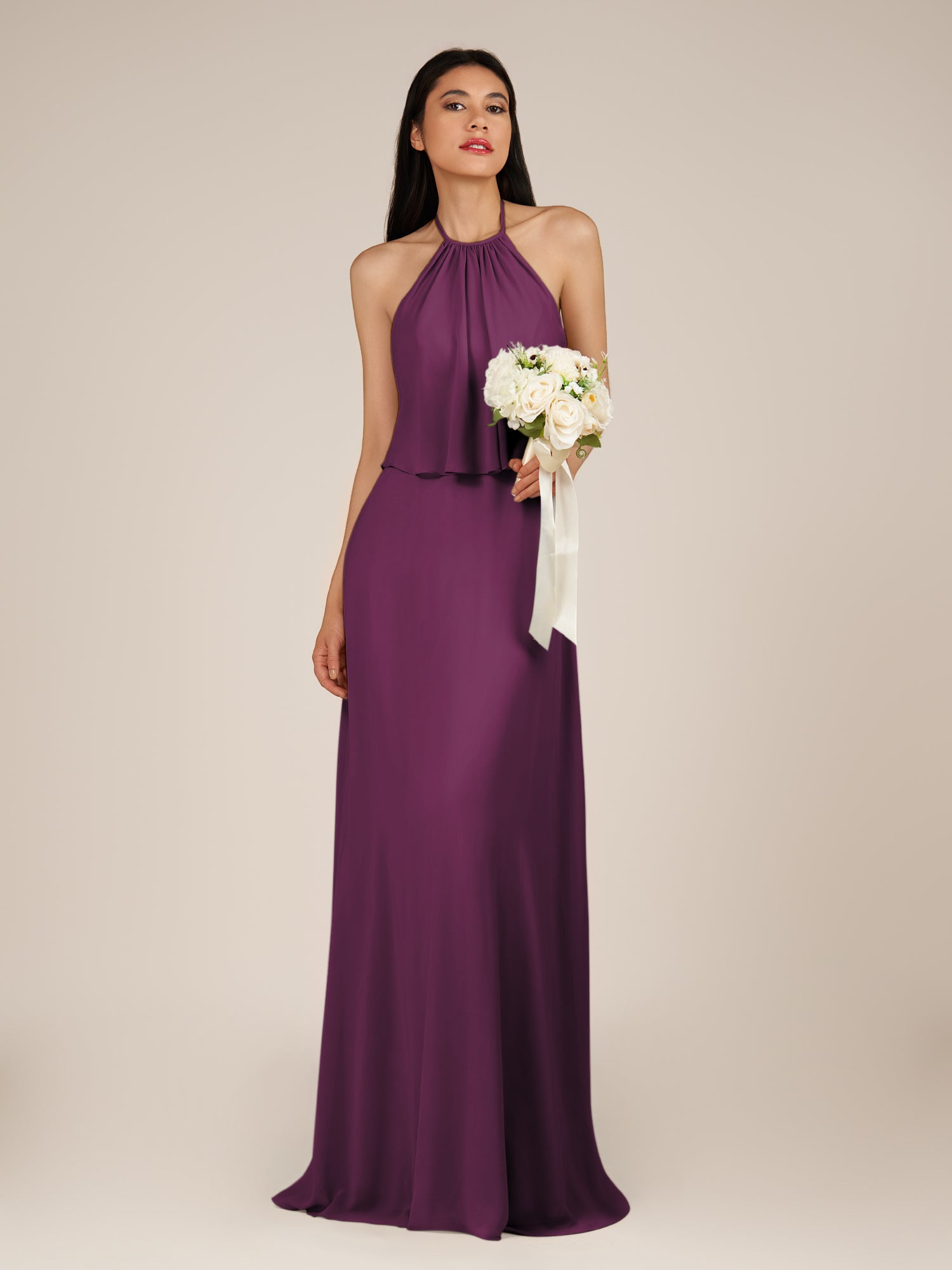 KissDress-Rhoswen Fig Sheath Chiffon Halter Neck Long Bridesmaid Dress