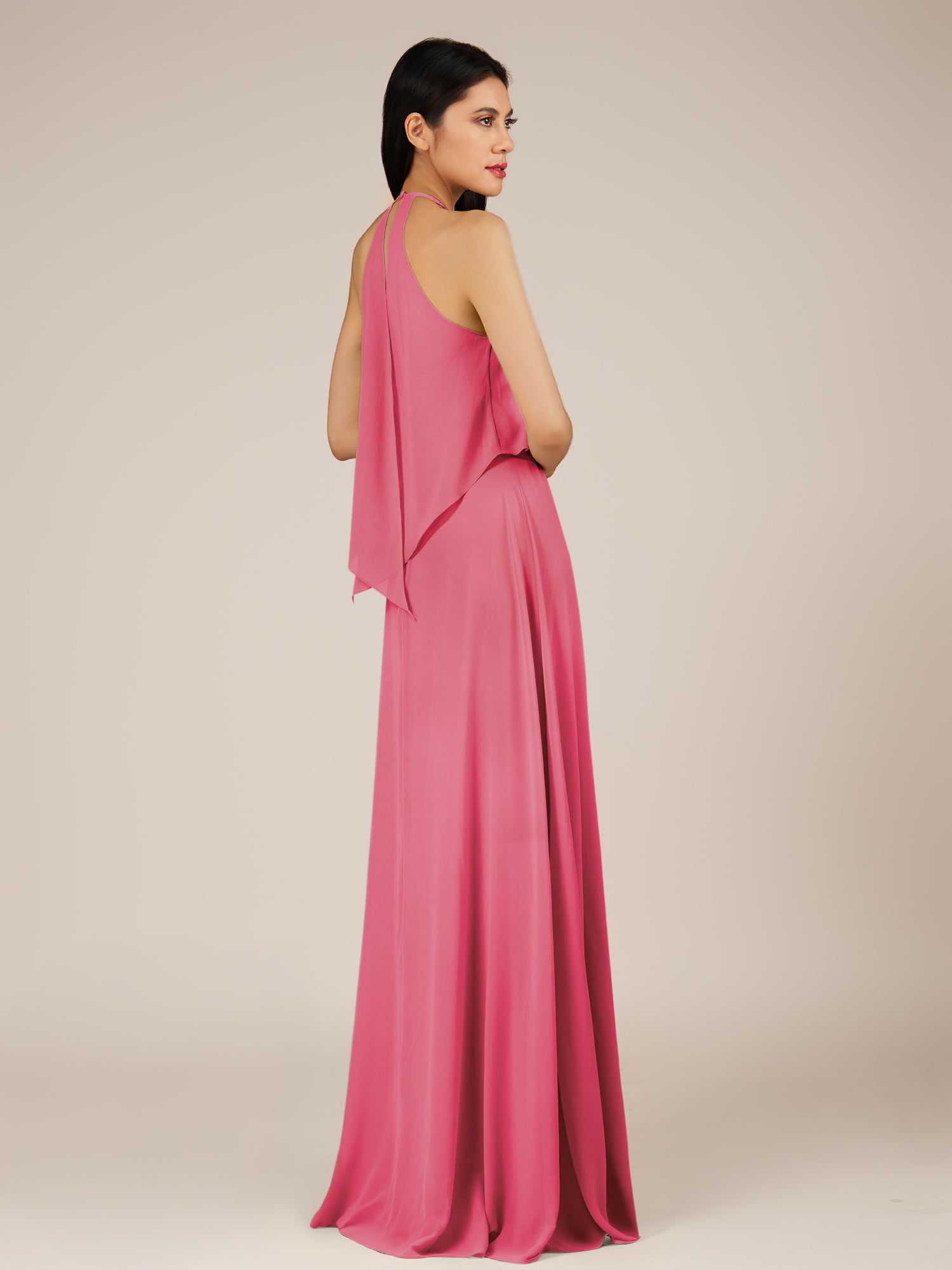 KissDress-Rhoswen Fuchsia Sheath Chiffon Halter Neck Long Bridesmaid Dress