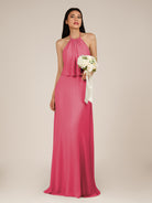 KissDress-Rhoswen Fuchsia Sheath Chiffon Halter Neck Long Bridesmaid Dress