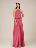 KissDress-Rhoswen Fuchsia Sheath Chiffon Halter Neck Long Bridesmaid Dress