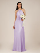 KissDress-Rhoswen Lavender Sheath Chiffon Halter Neck Long Bridesmaid Dress