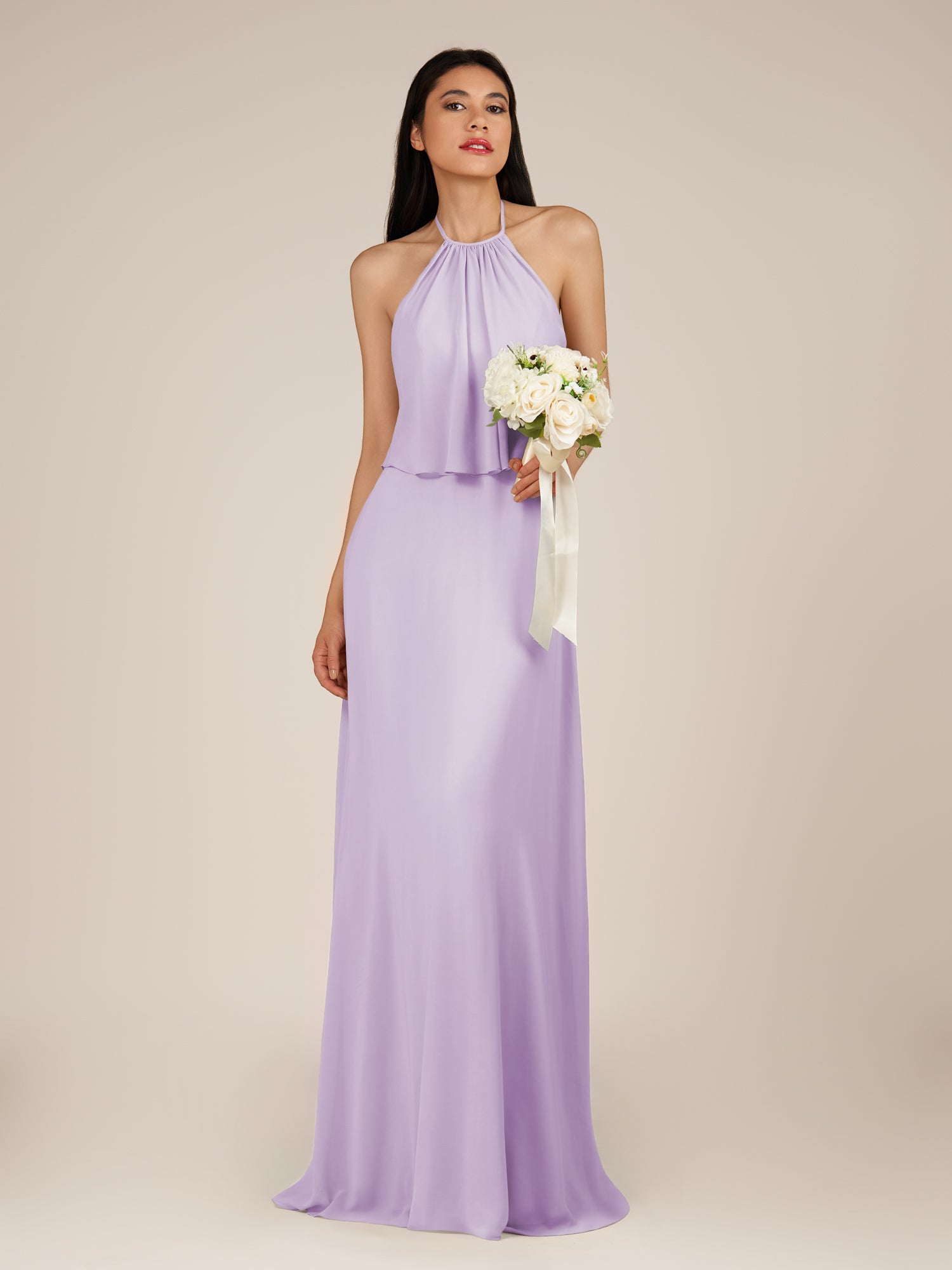 KissDress-Rhoswen Lavender Sheath Chiffon Halter Neck Long Bridesmaid Dress