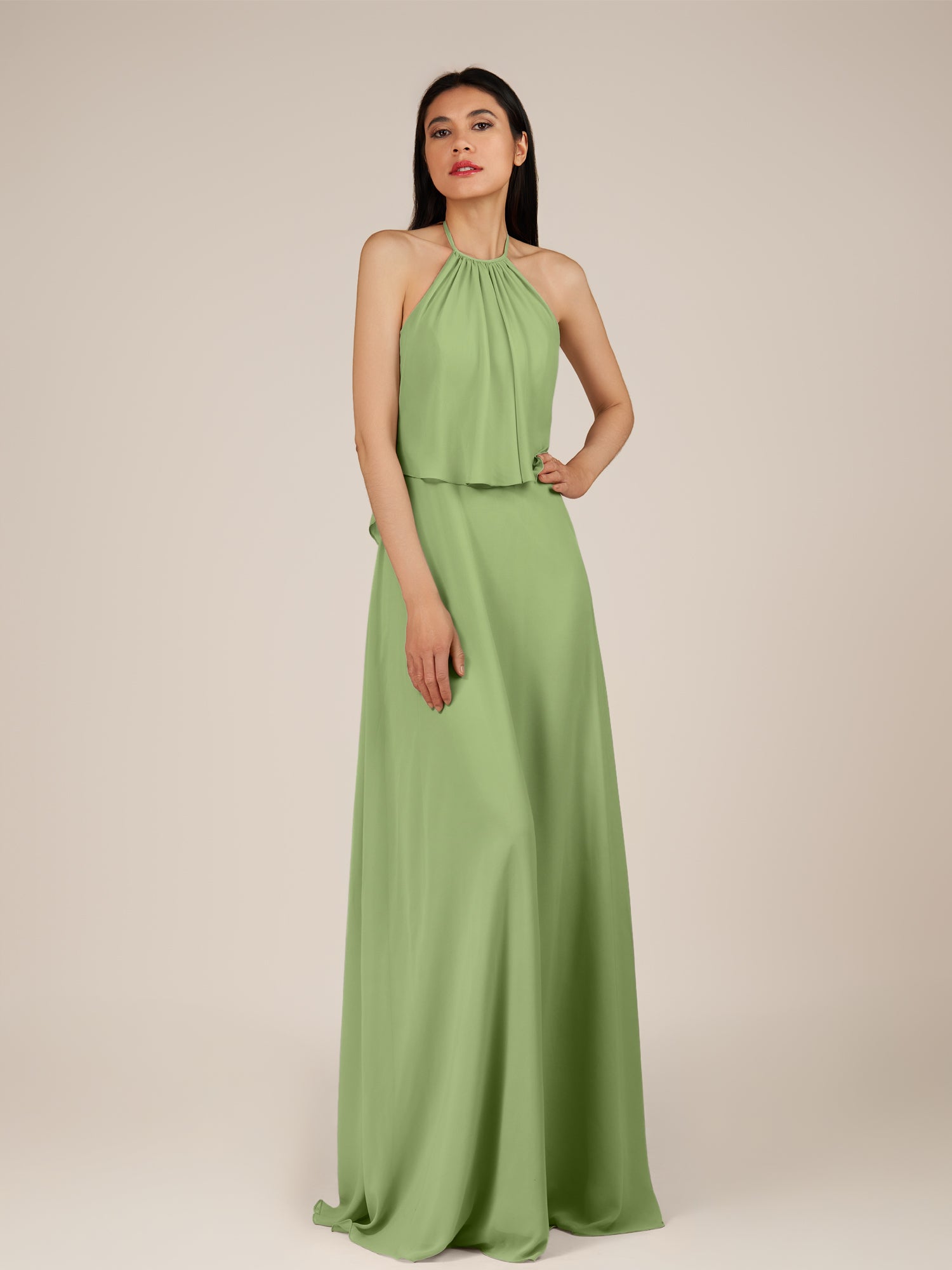 KissDress-Rhoswen Matcha Sheath Chiffon Halter Neck Long Bridesmaid Dress