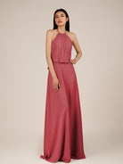 KissDress-Rhoswen Merlot Sheath Chiffon Halter Neck Long Bridesmaid Dress