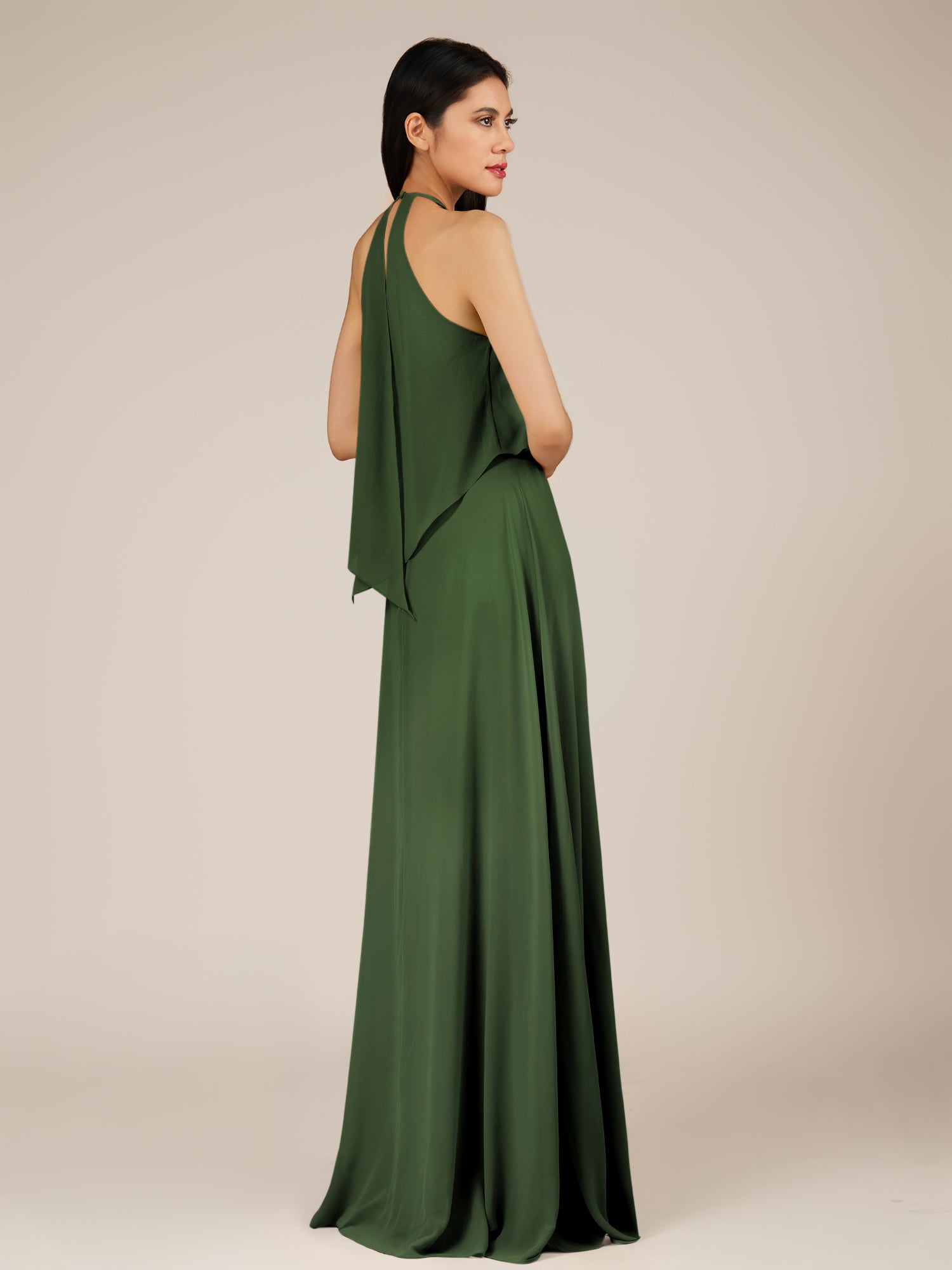 KissDress-Rhoswen Moss Sheath Chiffon Halter Neck Long Bridesmaid Dress