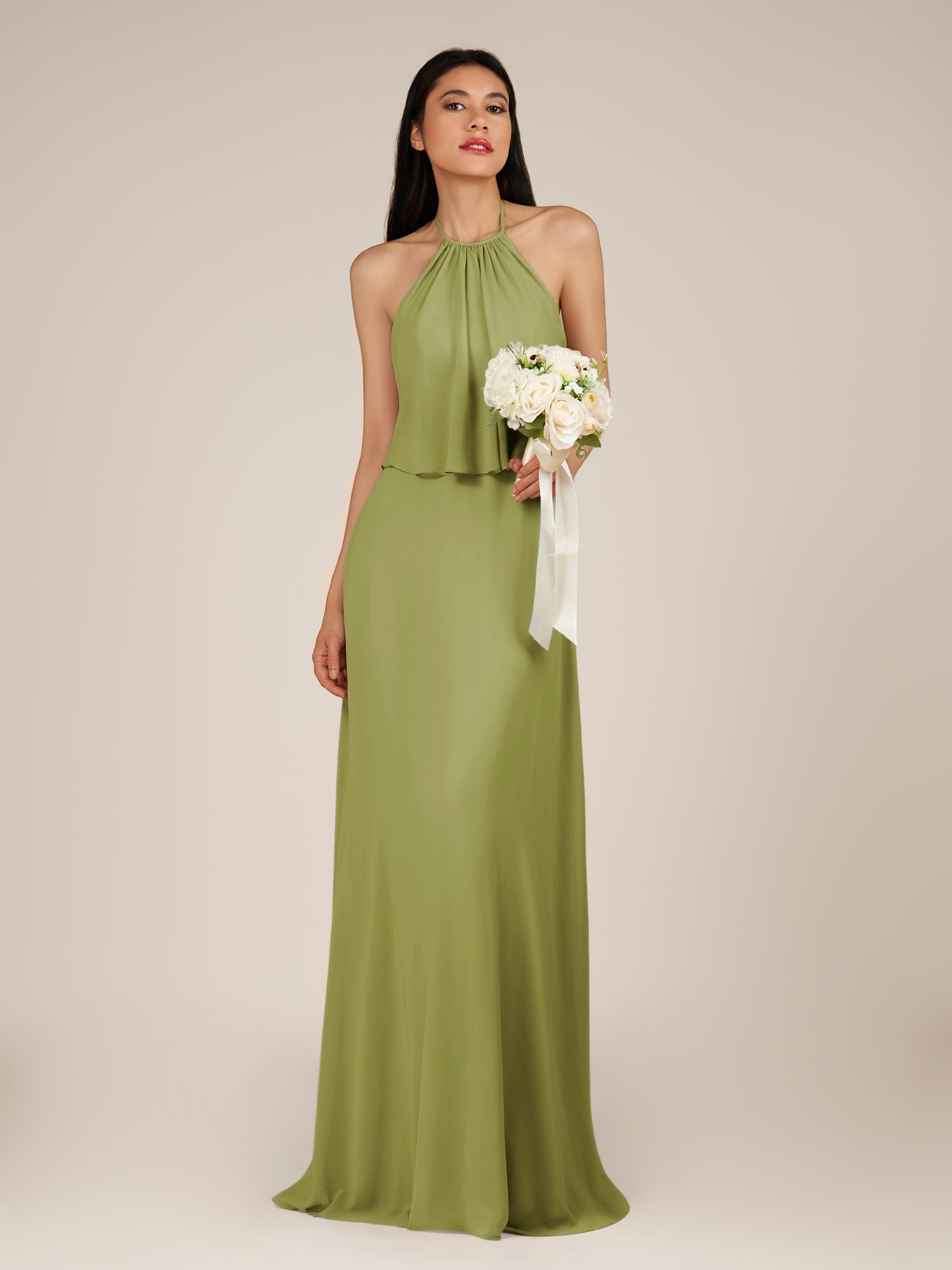 KissDress-Rhoswen Moss Green Sheath Chiffon Halter Neck Long Bridesmaid Dress