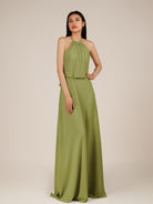 KissDress-Rhoswen Moss Green Sheath Chiffon Halter Neck Long Bridesmaid Dress