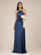 KissDress-Rhoswen Navy Sheath Chiffon Halter Neck Long Bridesmaid Dress