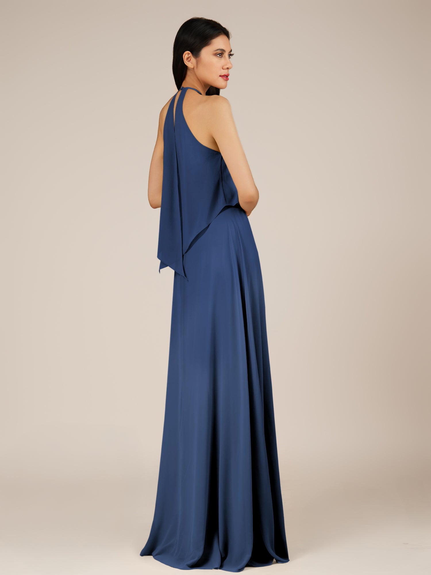 KissDress-Rhoswen Navy Sheath Chiffon Halter Neck Long Bridesmaid Dress
