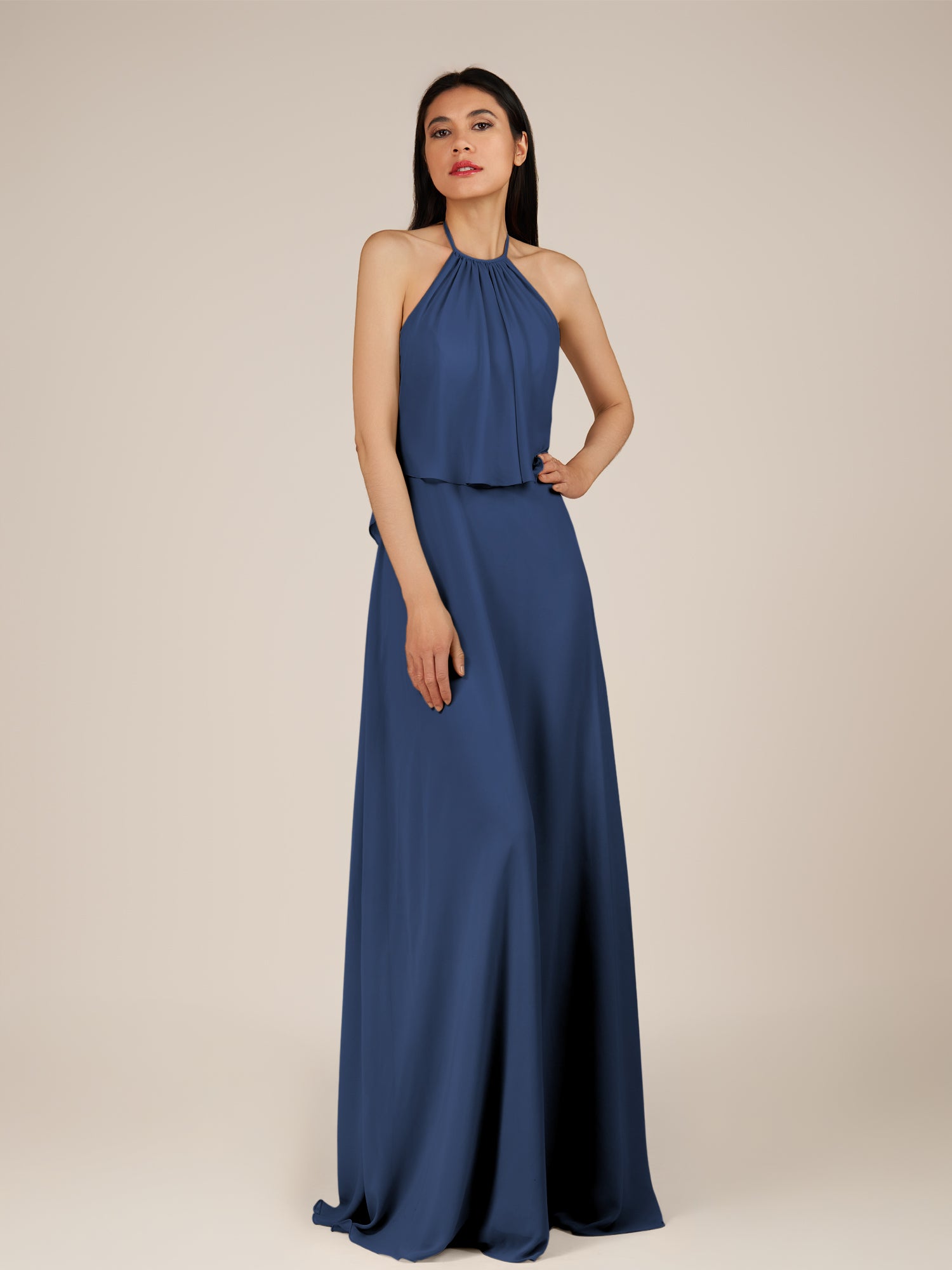 KissDress-Rhoswen Navy Sheath Chiffon Halter Neck Long Bridesmaid Dress