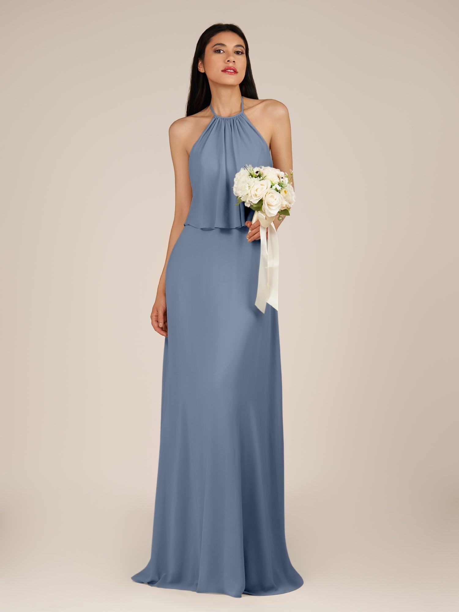 KissDress-Rhoswen Neptune Sheath Chiffon Halter Neck Long Bridesmaid Dress