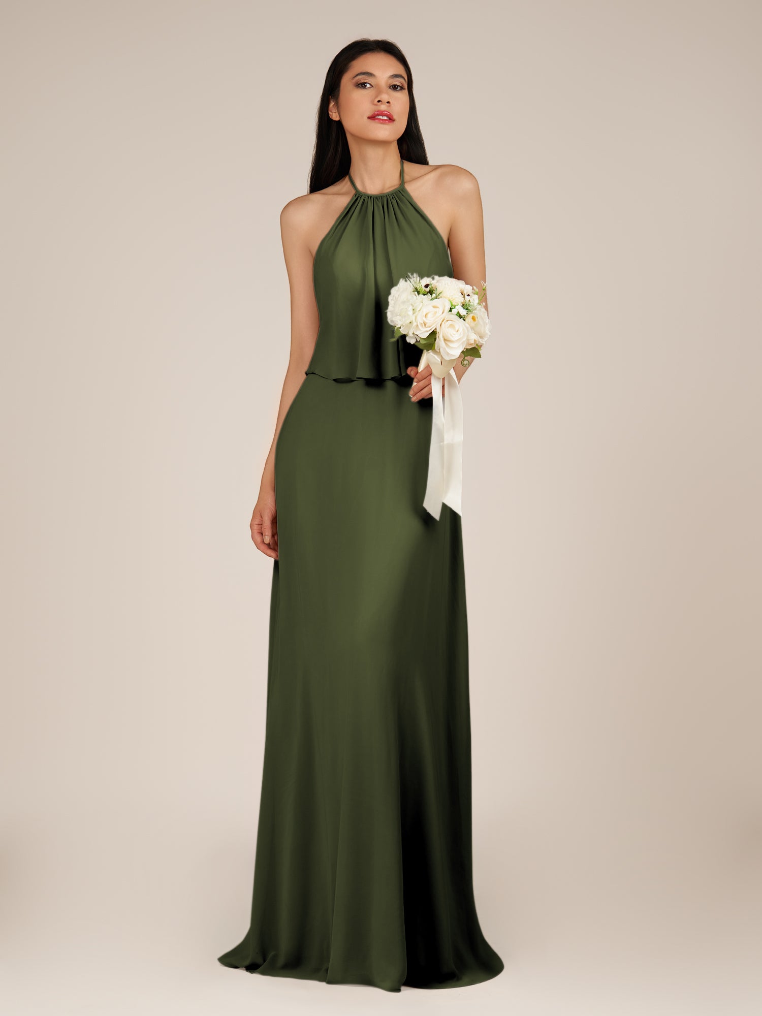 KissDress-Rhoswen Olive Sheath Chiffon Halter Neck Long Bridesmaid Dress