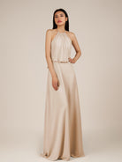 KissDress-Rhoswen Pale Blush Sheath Chiffon Halter Neck Long Bridesmaid Dress