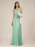 KissDress-Rhoswen Pale Pistachio Sheath Chiffon Halter Neck Long Bridesmaid Dress
