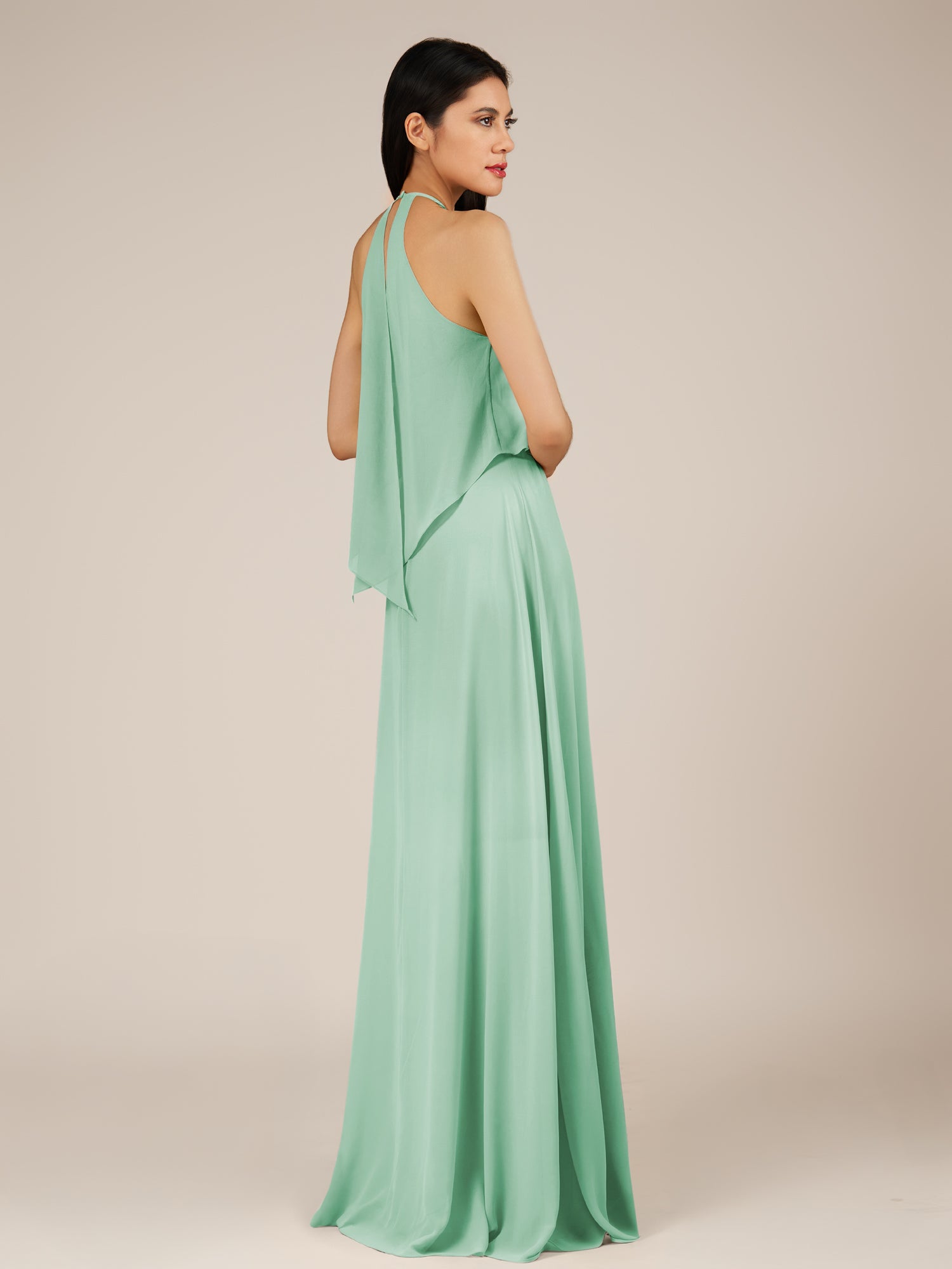 KissDress-Rhoswen Pale Pistachio Sheath Chiffon Halter Neck Long Bridesmaid Dress